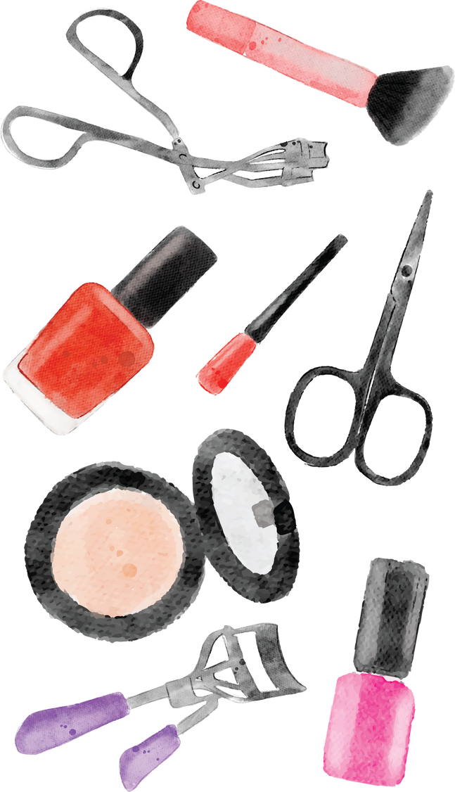 makeup tools and fashion accessories watercolor illustration